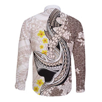 Brown and White Hawaii Shark Tattoo Long Sleeve Button Shirt Puakenikeni Lei Plumeria Polynesian Pattern - Polynesian Pride