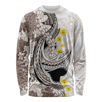 Brown and White Hawaii Shark Tattoo Long Sleeve Shirt Puakenikeni Lei Plumeria Polynesian Pattern - Polynesian Pride