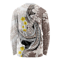 Brown and White Hawaii Shark Tattoo Long Sleeve Shirt Puakenikeni Lei Plumeria Polynesian Pattern - Polynesian Pride