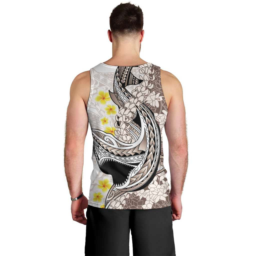 Brown and White Hawaii Shark Tattoo Men Tank Top Puakenikeni Lei Plumeria Polynesian Pattern - Polynesian Pride