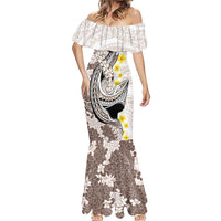 Brown and White Hawaii Shark Tattoo Mermaid Dress Puakenikeni Lei Plumeria Polynesian Pattern - Polynesian Pride