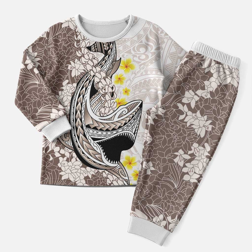 Brown and White Hawaii Shark Tattoo Christmas Pajama Set Puakenikeni Lei Plumeria Polynesian Pattern - Polynesian Pride