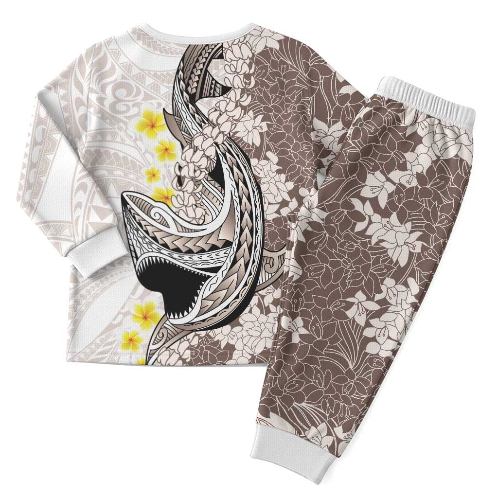 Brown and White Hawaii Shark Tattoo Christmas Pajama Set Puakenikeni Lei Plumeria Polynesian Pattern - Polynesian Pride