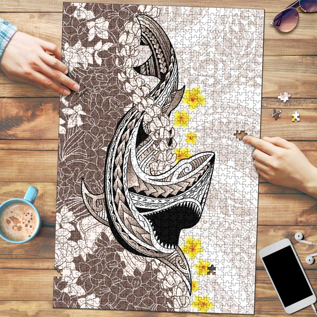 Brown and White Hawaii Shark Tattoo Puzzle Puakenikeni Lei Plumeria Polynesian Pattern - Polynesian Pride