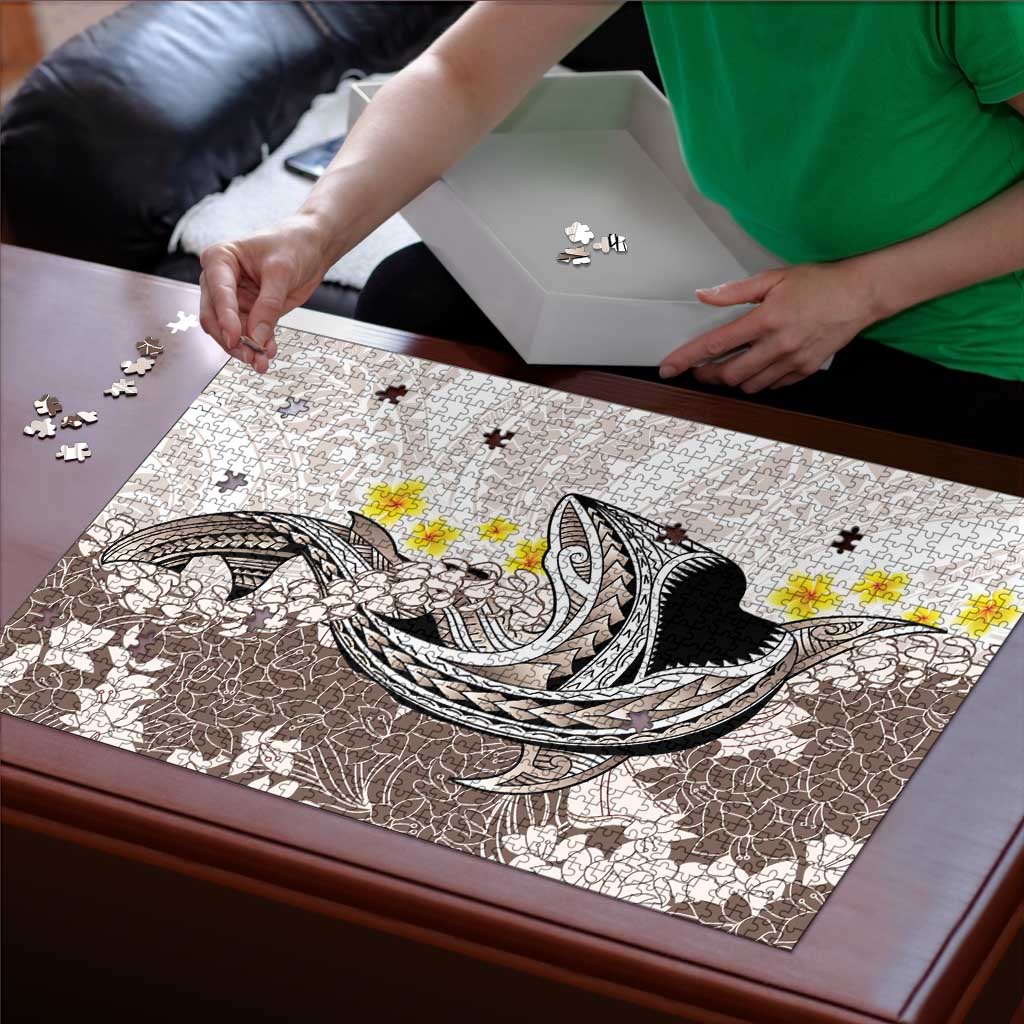 Brown and White Hawaii Shark Tattoo Puzzle Puakenikeni Lei Plumeria Polynesian Pattern - Polynesian Pride