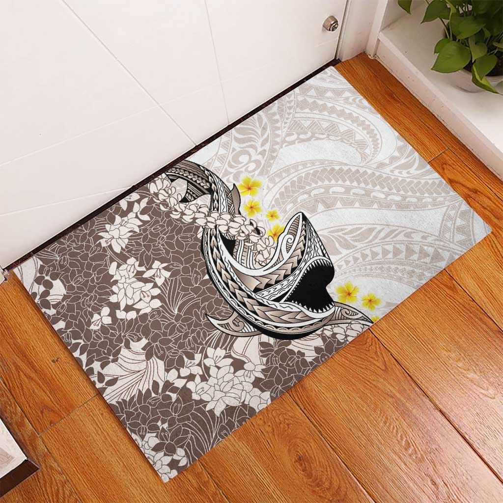 Brown and White Hawaii Shark Tattoo Rubber Doormat Puakenikeni Lei Plumeria Polynesian Pattern - Polynesian Pride