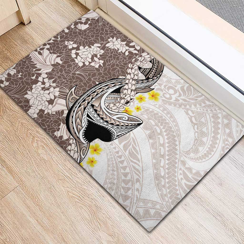 Brown and White Hawaii Shark Tattoo Rubber Doormat Puakenikeni Lei Plumeria Polynesian Pattern - Polynesian Pride