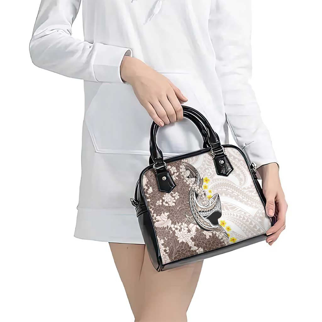 Brown and White Hawaii Shark Tattoo Shoulder Handbag Puakenikeni Lei Plumeria Polynesian Pattern - Polynesian Pride
