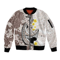 Brown and White Hawaii Shark Tattoo Sleeve Zip Bomber Jacket Puakenikeni Lei Plumeria Polynesian Pattern - Polynesian Pride
