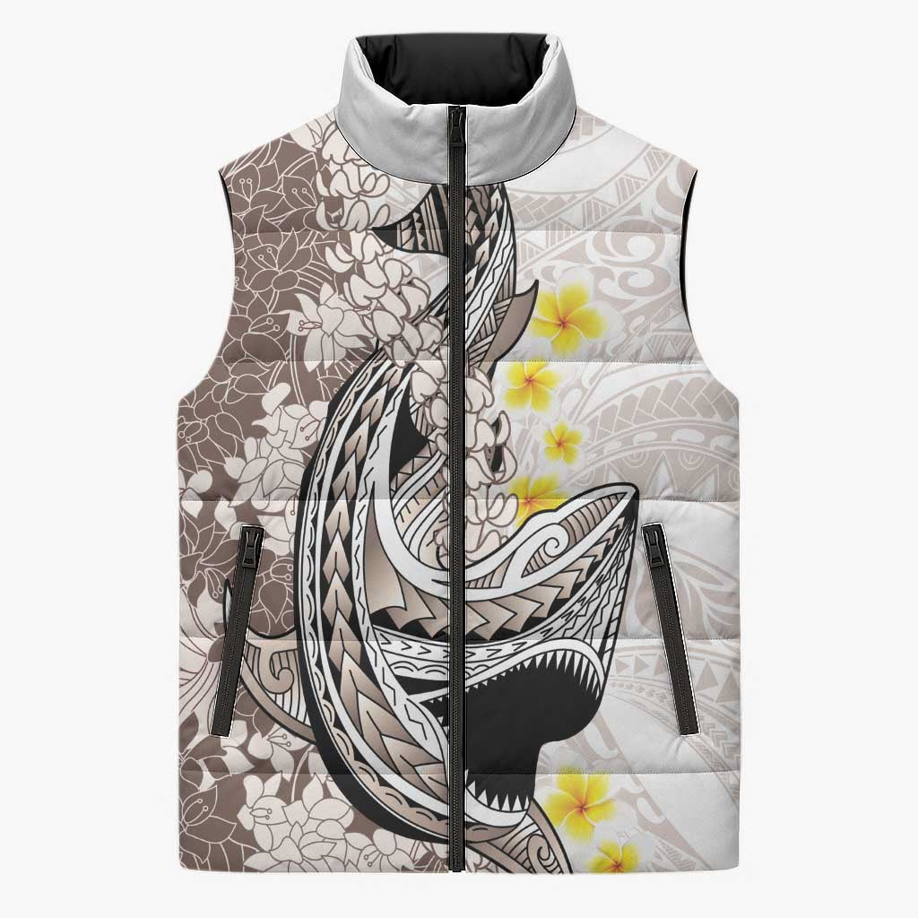 Brown and White Hawaii Shark Tattoo Sleeveless Puffer Jacket Puakenikeni Lei Plumeria Polynesian Pattern - Polynesian Pride