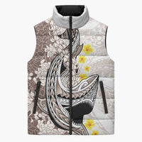 Brown and White Hawaii Shark Tattoo Sleeveless Puffer Jacket Puakenikeni Lei Plumeria Polynesian Pattern - Polynesian Pride