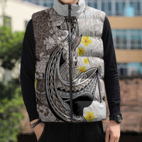 Brown and White Hawaii Shark Tattoo Sleeveless Puffer Jacket Puakenikeni Lei Plumeria Polynesian Pattern - Polynesian Pride
