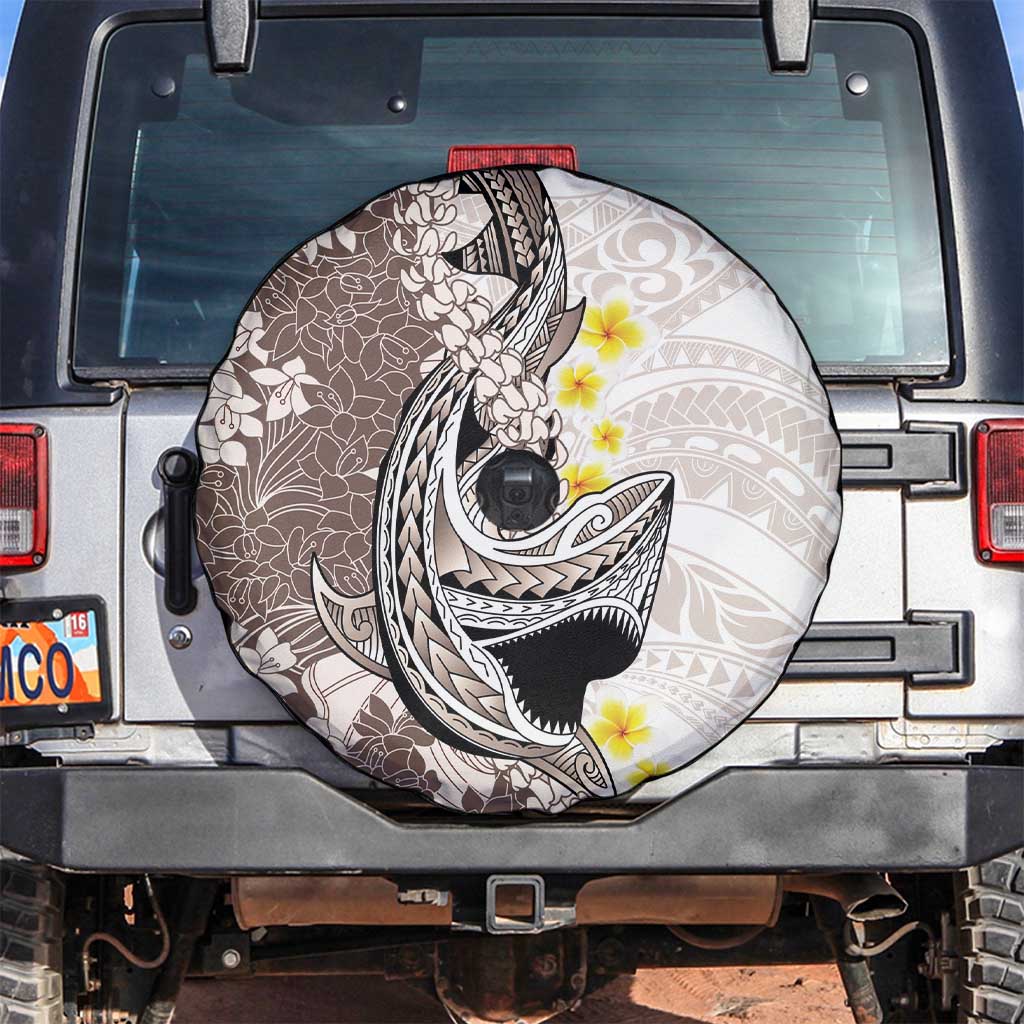 Brown and White Hawaii Shark Tattoo Spare Tire Cover Puakenikeni Lei Plumeria Polynesian Pattern - Polynesian Pride