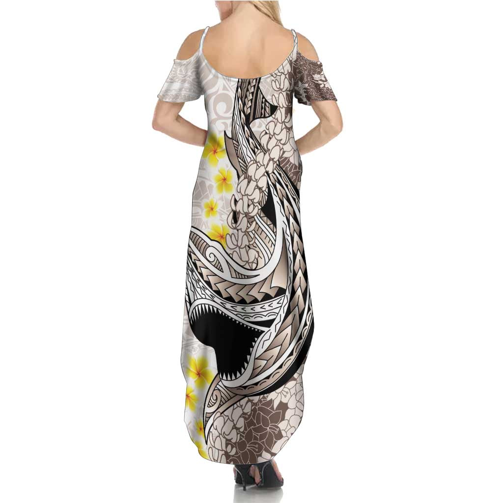 Brown and White Hawaii Shark Tattoo Summer Maxi Dress Puakenikeni Lei Plumeria Polynesian Pattern - Polynesian Pride