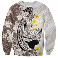 Brown and White Hawaii Shark Tattoo Sweatshirt Puakenikeni Lei Plumeria Polynesian Pattern - Polynesian Pride