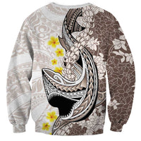 Brown and White Hawaii Shark Tattoo Sweatshirt Puakenikeni Lei Plumeria Polynesian Pattern - Polynesian Pride