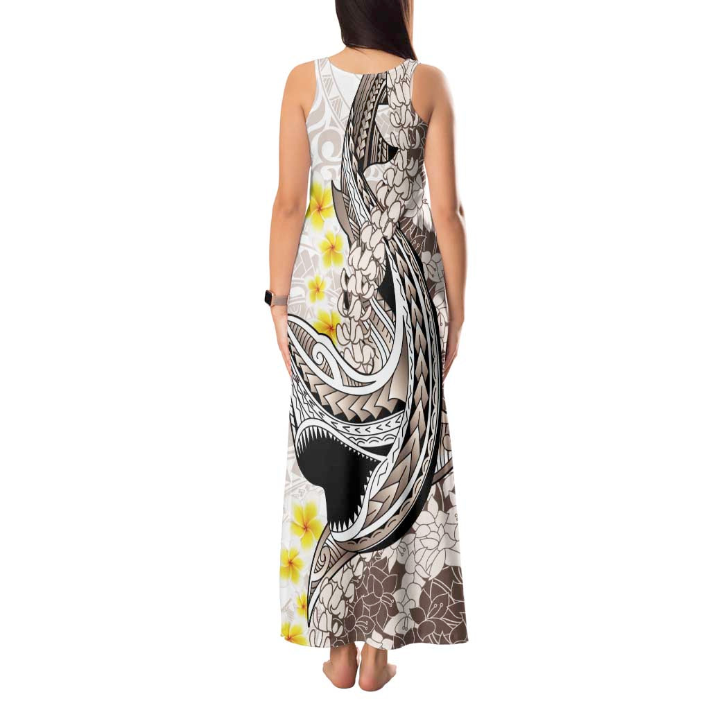 Brown and White Hawaii Shark Tattoo Tank Maxi Dress Puakenikeni Lei Plumeria Polynesian Pattern - Polynesian Pride