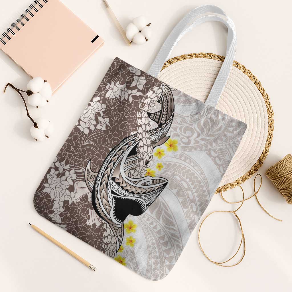Brown and White Hawaii Shark Tattoo Tote Bag Puakenikeni Lei Plumeria Polynesian Pattern - Polynesian Pride