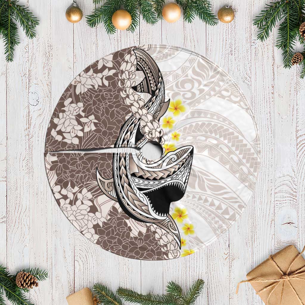 Brown and White Hawaii Shark Tattoo Tree Skirt Puakenikeni Lei Plumeria Polynesian Pattern - Polynesian Pride