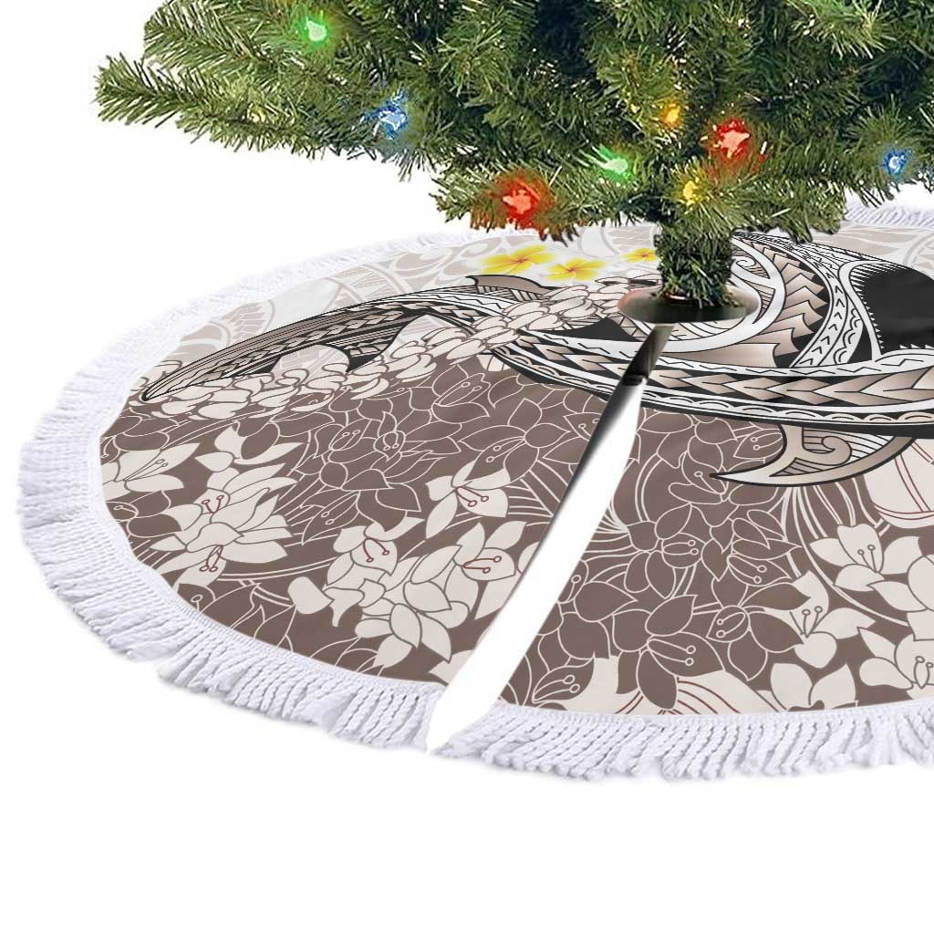 Brown and White Hawaii Shark Tattoo Tree Skirt Puakenikeni Lei Plumeria Polynesian Pattern - Polynesian Pride