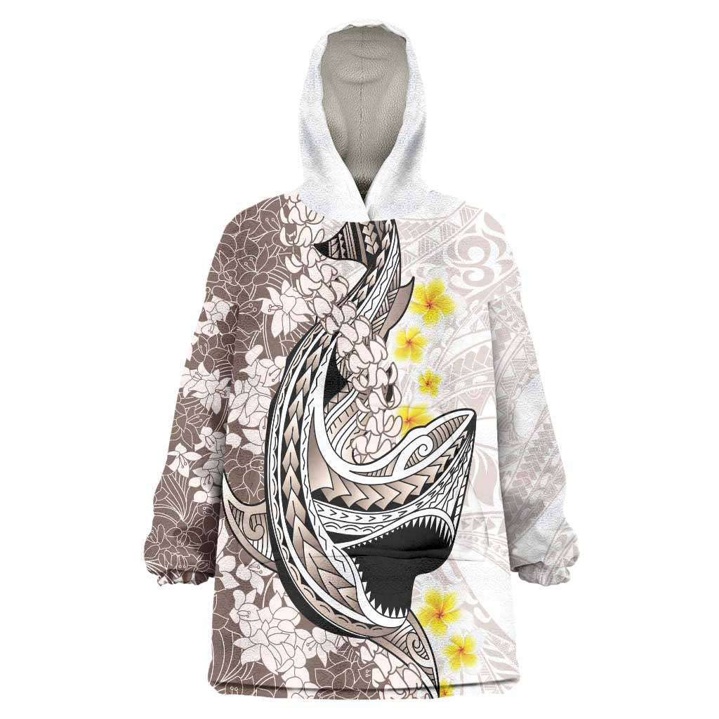Brown and White Hawaii Shark Tattoo Wearable Blanket Hoodie Puakenikeni Lei Plumeria Polynesian Pattern - Polynesian Pride