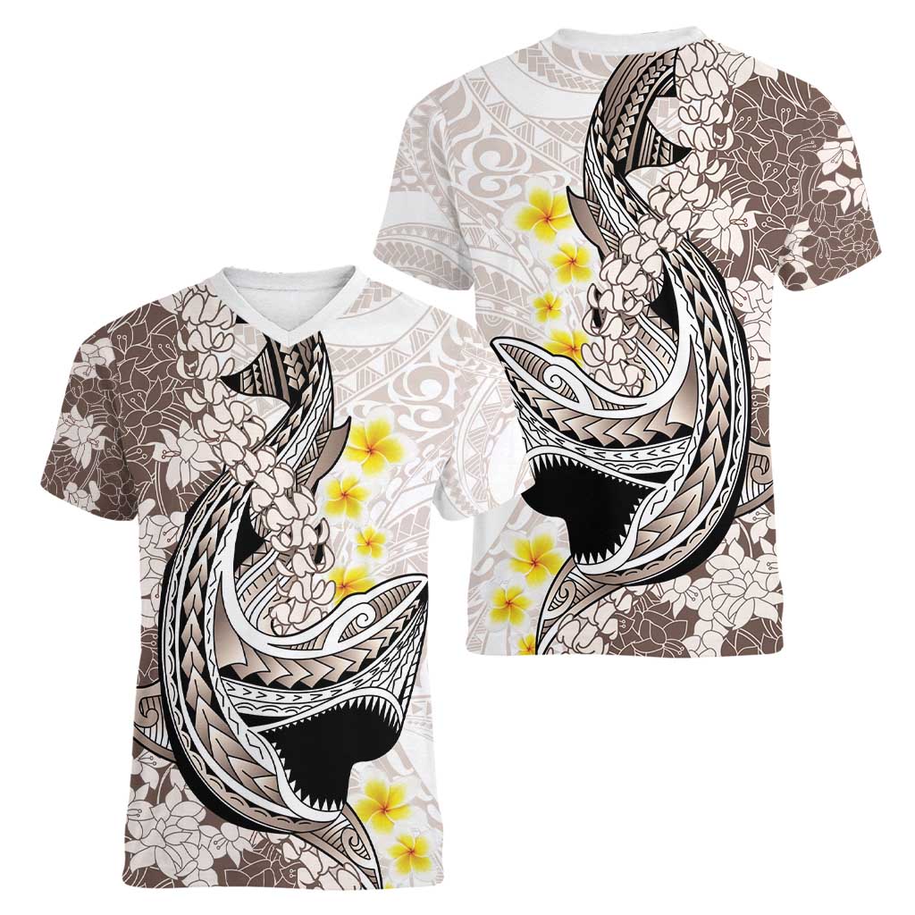 Brown and White Hawaii Shark Tattoo Women V-Neck T-Shirt Puakenikeni Lei Plumeria Polynesian Pattern - Polynesian Pride