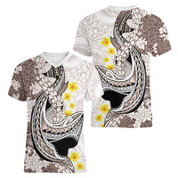 Brown and White Hawaii Shark Tattoo Women V-Neck T-Shirt Puakenikeni Lei Plumeria Polynesian Pattern - Polynesian Pride