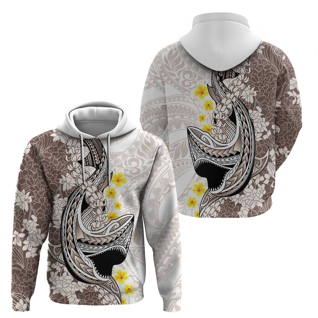Brown and White Hawaii Shark Tattoo Zip Hoodie Puakenikeni Lei Plumeria Polynesian Pattern - Polynesian Pride
