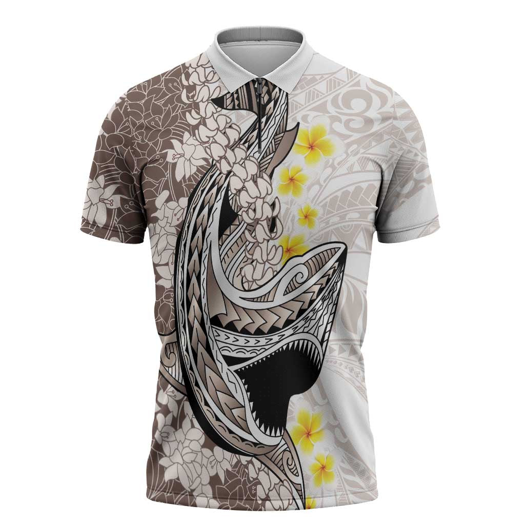 Brown and White Hawaii Shark Tattoo Zipper Polo Shirt Puakenikeni Lei Plumeria Polynesian Pattern - Polynesian Pride