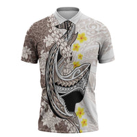 Brown and White Hawaii Shark Tattoo Zipper Polo Shirt Puakenikeni Lei Plumeria Polynesian Pattern - Polynesian Pride