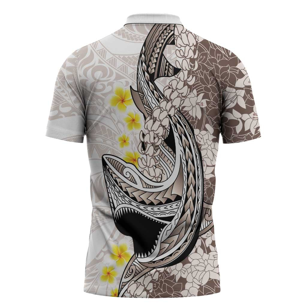 Brown and White Hawaii Shark Tattoo Zipper Polo Shirt Puakenikeni Lei Plumeria Polynesian Pattern - Polynesian Pride