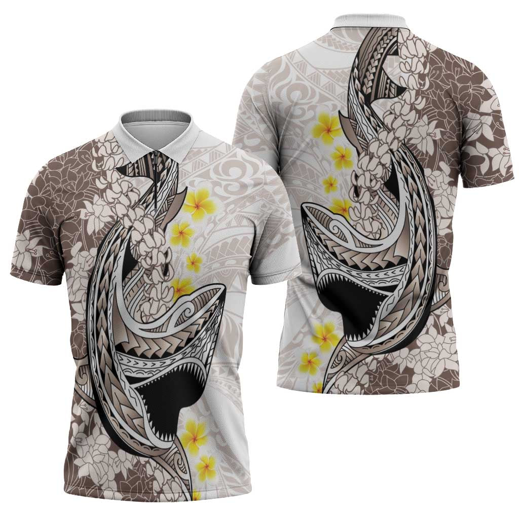 Brown and White Hawaii Shark Tattoo Zipper Polo Shirt Puakenikeni Lei Plumeria Polynesian Pattern - Polynesian Pride