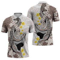 Brown and White Hawaii Shark Tattoo Zipper Polo Shirt Puakenikeni Lei Plumeria Polynesian Pattern - Polynesian Pride