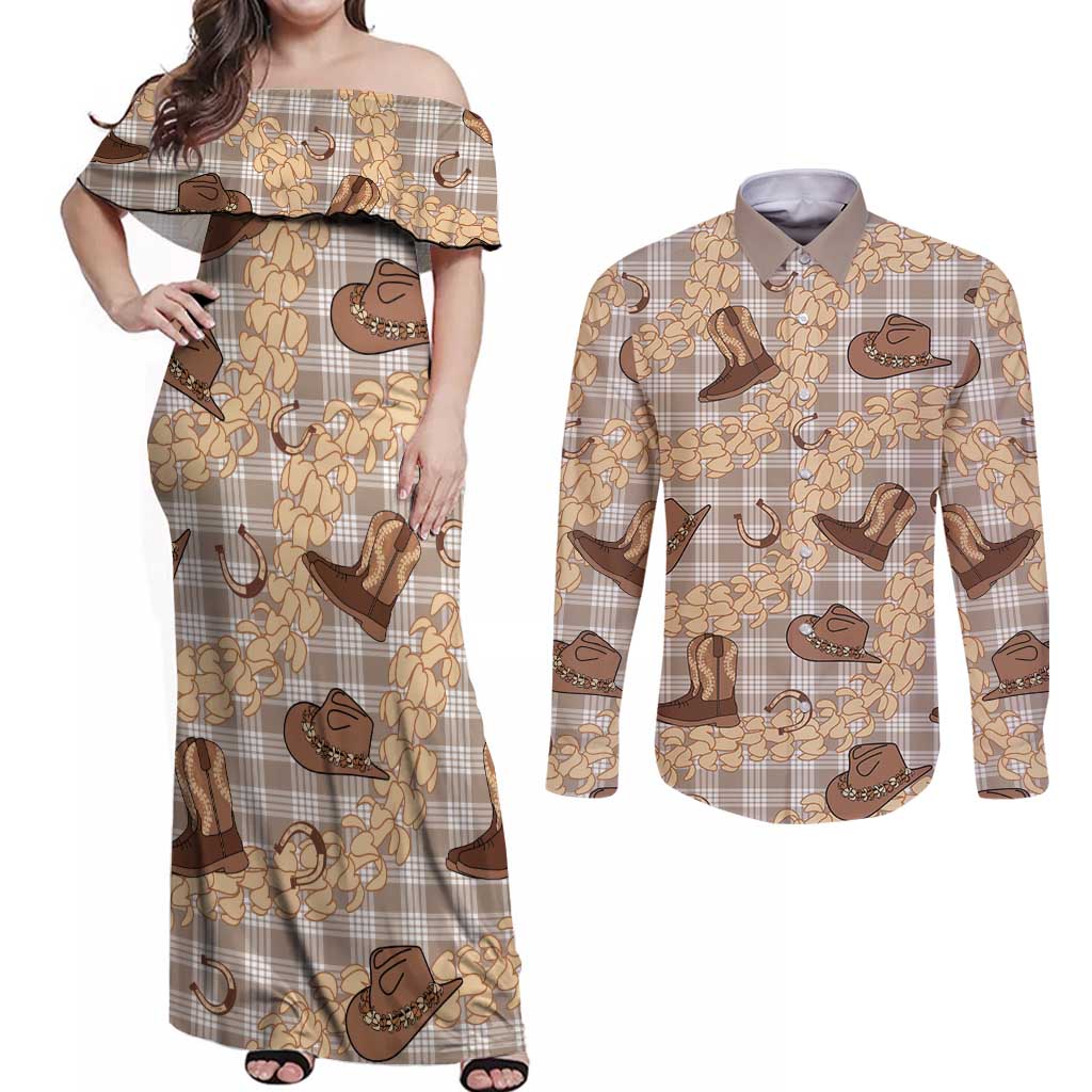 Khaki Palaka Hawaii Cowboy Couples Matching Off Shoulder Maxi Dress and Long Sleeve Button Shirt Puakenikeni Lei Paniolo Papale Seamless Vibes - Polynesian Pride