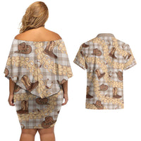 Khaki Palaka Hawaii Cowboy Couples Matching Off Shoulder Short Dress and Hawaiian Shirt Puakenikeni Lei Paniolo Papale Seamless Vibes - Polynesian Pride