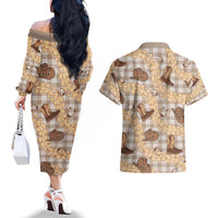 Khaki Palaka Hawaii Cowboy Couples Matching Off The Shoulder Long Sleeve Dress and Hawaiian Shirt Puakenikeni Lei Paniolo Papale Seamless Vibes - Polynesian Pride
