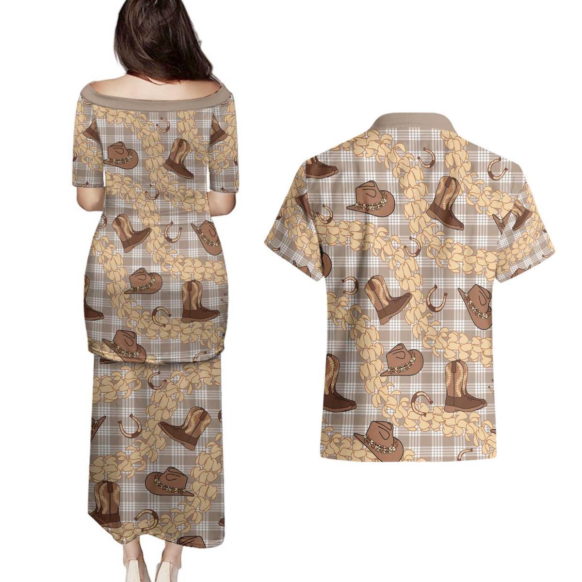 Khaki Palaka Hawaii Cowboy Couples Matching Puletasi and Hawaiian Shirt Puakenikeni Lei Paniolo Papale Seamless Vibes - Polynesian Pride
