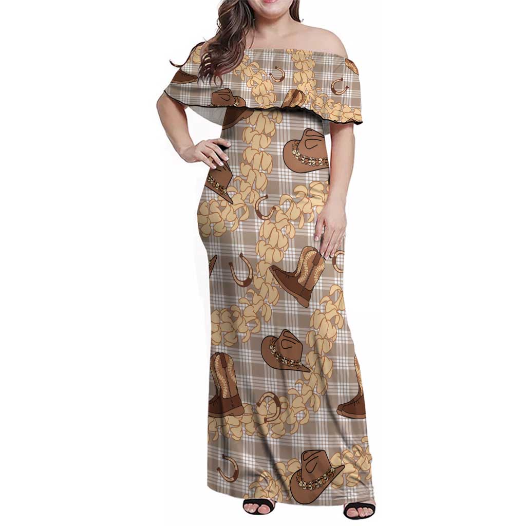 Khaki Palaka Hawaii Cowboy Family Matching Off Shoulder Maxi Dress and Hawaiian Shirt Puakenikeni Lei Paniolo Papale Seamless Vibes - Polynesian Pride