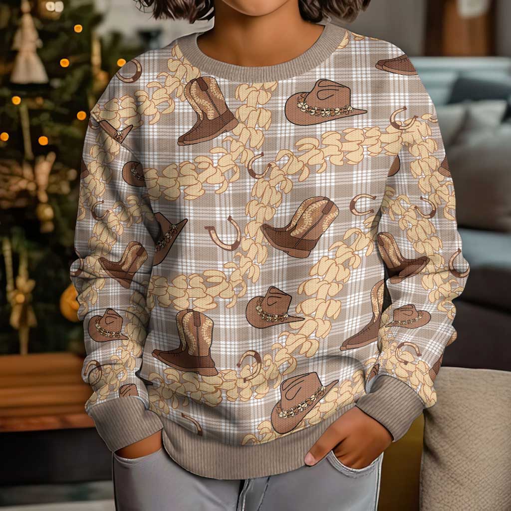Khaki Palaka Hawaii Cowboy Kid Ugly Christmas Sweater Puakenikeni Lei Paniolo Papale Seamless Vibes - Polynesian Pride