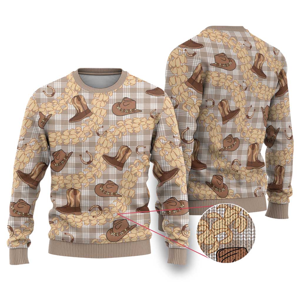 Khaki Palaka Hawaii Cowboy Ugly Christmas Sweater Puakenikeni Lei Paniolo Papale Seamless Vibes - Polynesian Pride
