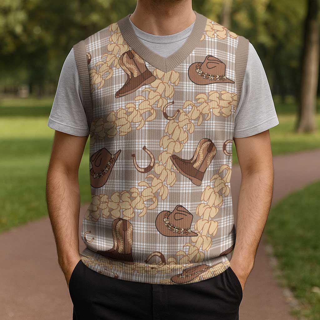 Khaki Palaka Hawaii Cowboy Christmas Knitted V-Neck Vest Puakenikeni Lei Paniolo Papale Seamless Vibes - Polynesian Pride