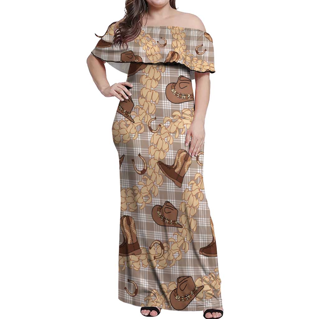 Khaki Palaka Hawaii Cowboy Off Shoulder Maxi Dress Puakenikeni Lei Paniolo Papale Seamless Vibes - Polynesian Pride