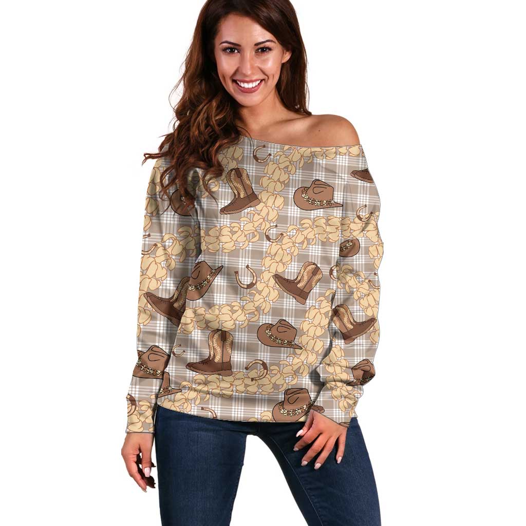 Khaki Palaka Hawaii Cowboy Off Shoulder Sweater Puakenikeni Lei Paniolo Papale Seamless Vibes - Polynesian Pride