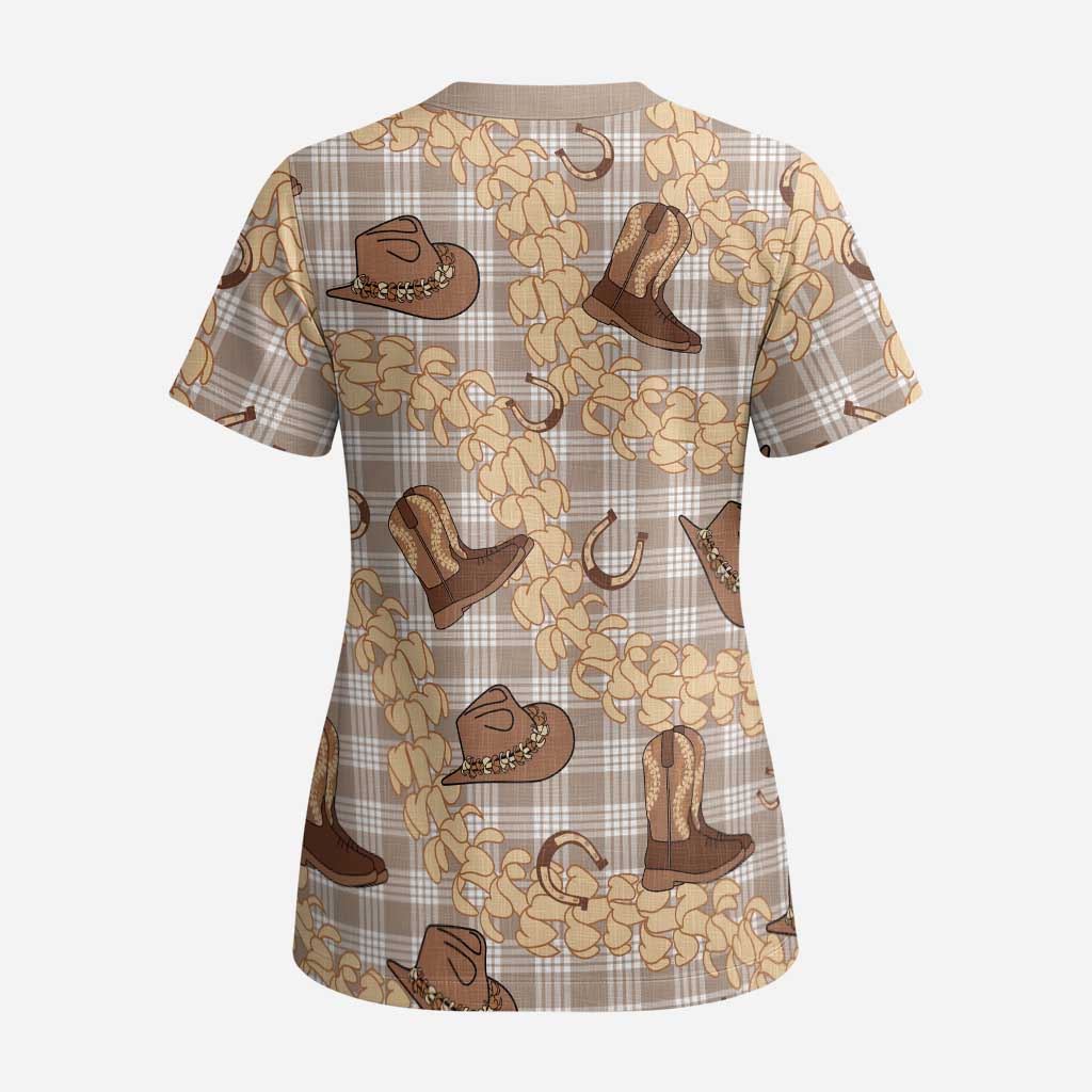 Khaki Palaka Hawaii Cowboy Scrub Top Puakenikeni Lei Paniolo Papale Seamless Vibes - Polynesian Pride