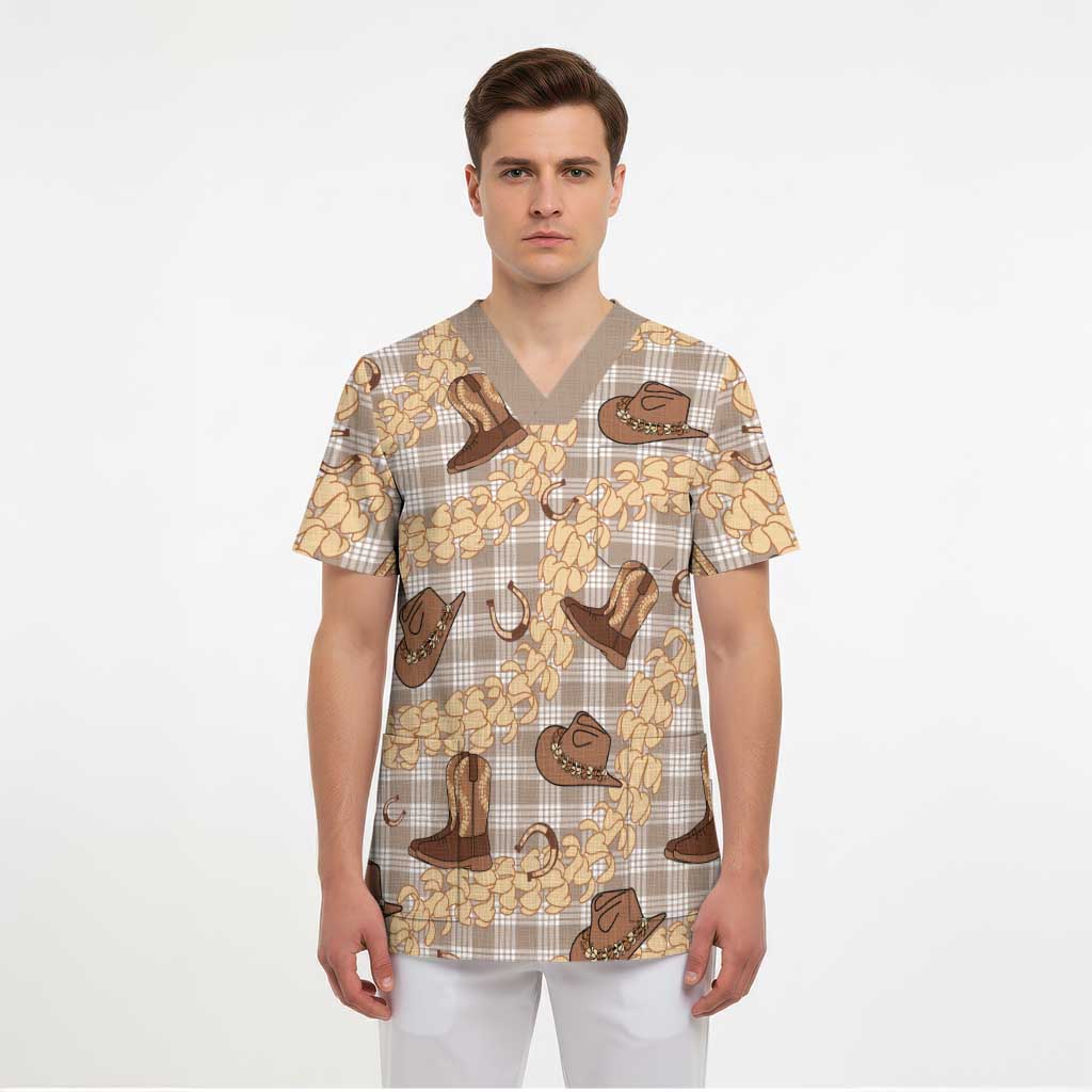 Khaki Palaka Hawaii Cowboy Scrub Top Puakenikeni Lei Paniolo Papale Seamless Vibes - Polynesian Pride
