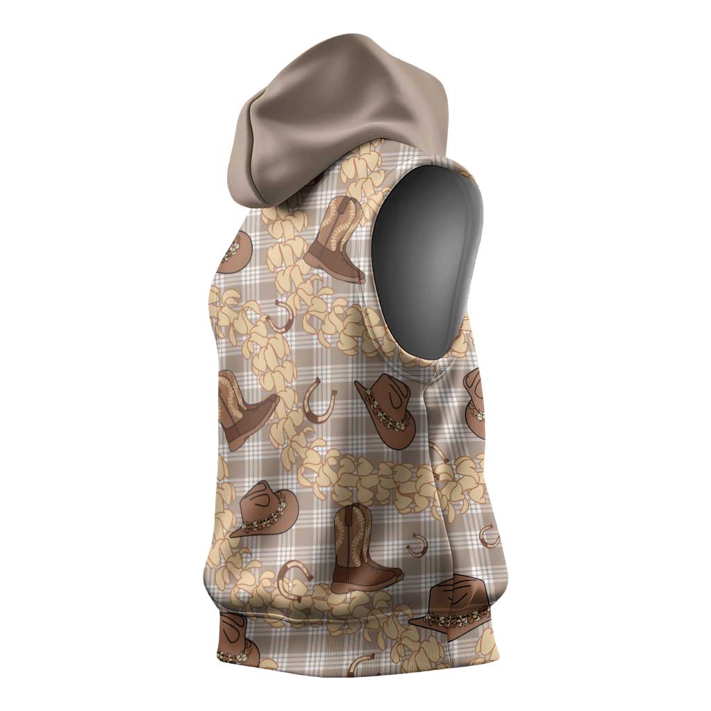 Khaki Palaka Hawaii Cowboy Sleeveless Hoodie Puakenikeni Lei Paniolo Papale Seamless Vibes - Polynesian Pride