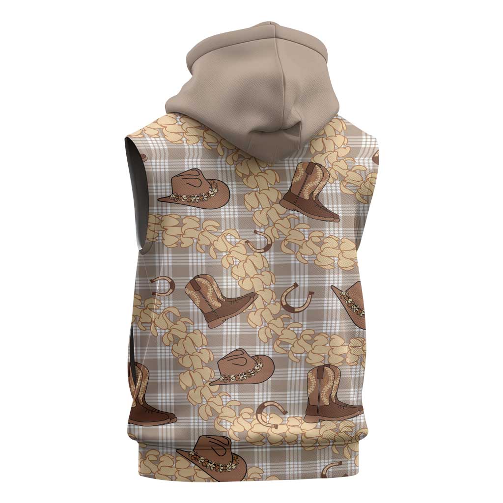 Khaki Palaka Hawaii Cowboy Sleeveless Zip Hoodie Puakenikeni Lei Paniolo Papale Seamless Vibes - Polynesian Pride