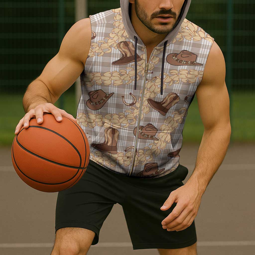 Khaki Palaka Hawaii Cowboy Sleeveless Zip Hoodie Puakenikeni Lei Paniolo Papale Seamless Vibes - Polynesian Pride