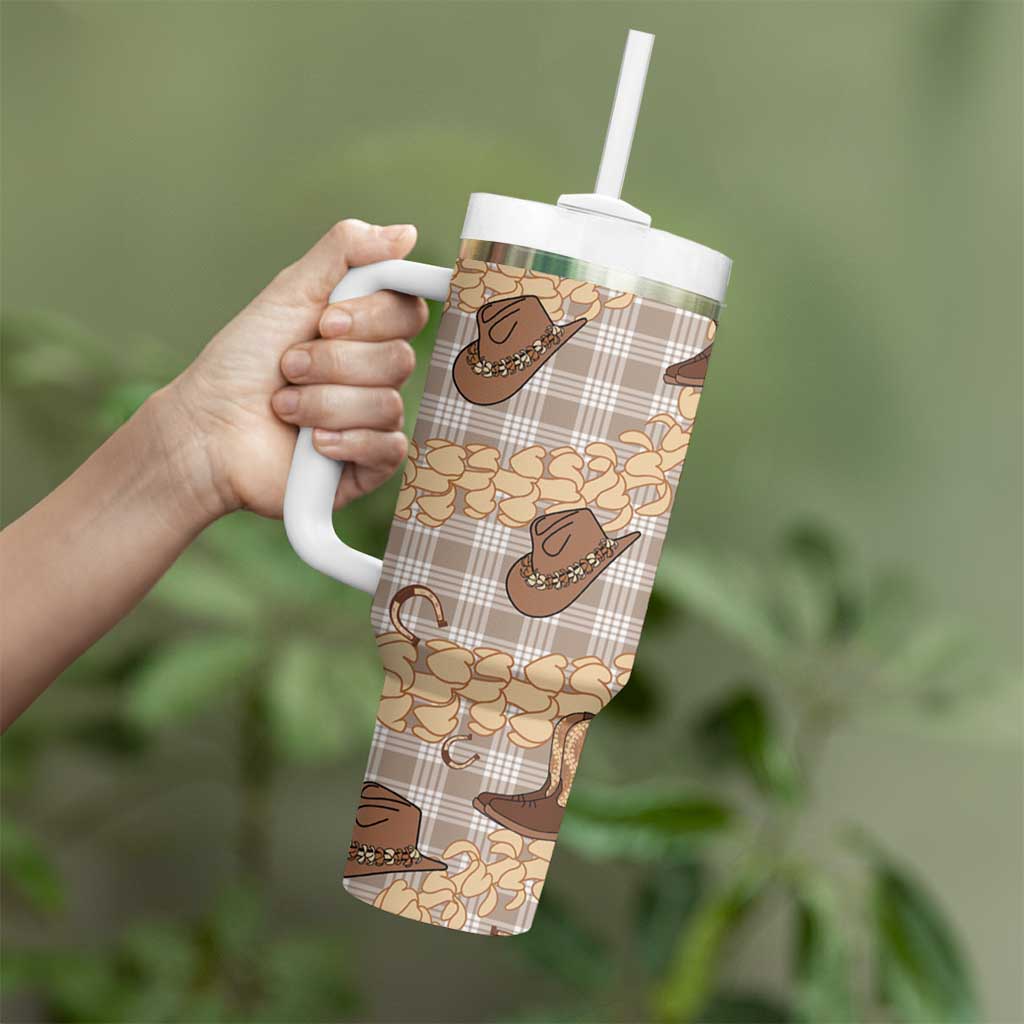 Khaki Palaka Hawaii Cowboy Tumbler With Handle Puakenikeni Lei Paniolo Papale Seamless Vibes - Polynesian Pride