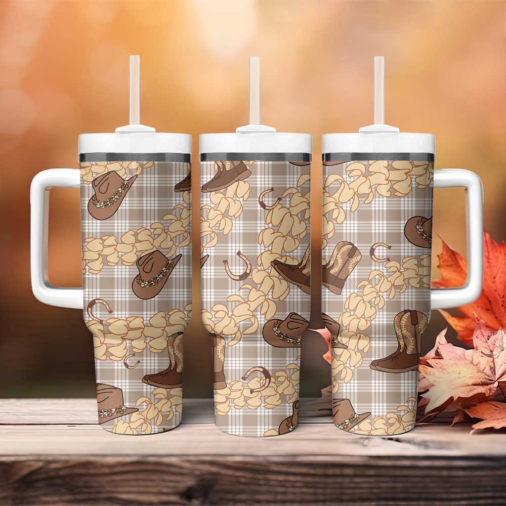 Khaki Palaka Hawaii Cowboy Tumbler With Handle Puakenikeni Lei Paniolo Papale Seamless Vibes - Polynesian Pride